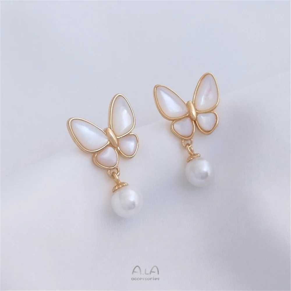 Natural sea color shell butterfly earring, sheep eye, pearl holder, 925 silver needle earring, 14K gold color DIY earring