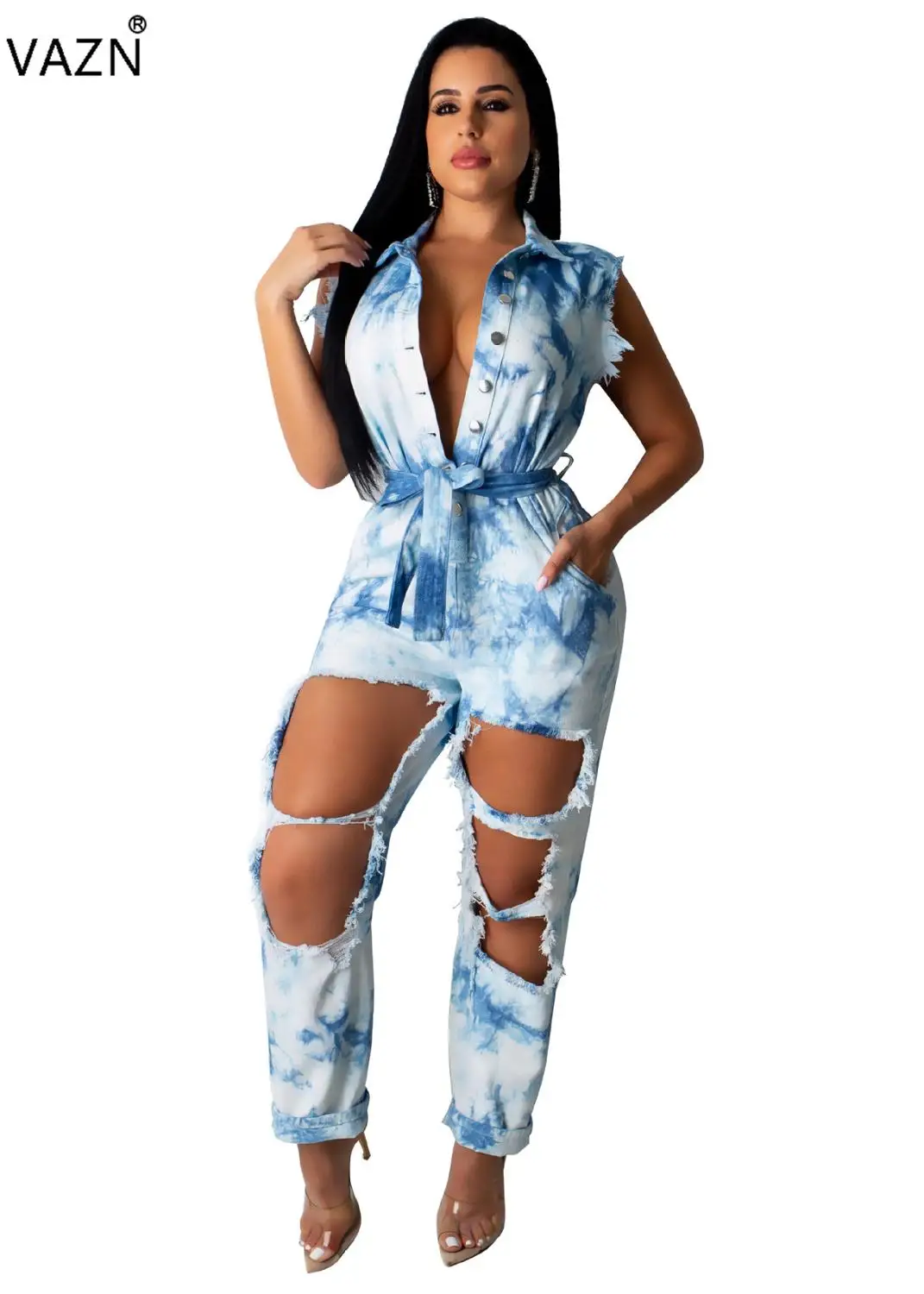 

VAZN OSM3285 New High Street Sexy Young Fashion Solid Polo Neck Tank Sleeve Popular Hole Lace up Women Straight Long Romper