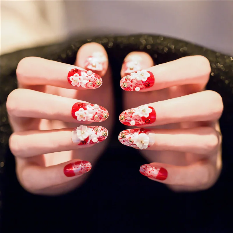 24pcs/set Pre Design Exquisite 3D Flowers Artificial Nail Tips with glue for Bride Wear Detachable Fake Nails with Back Sticker