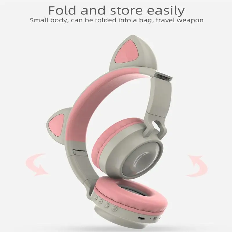 New LED Cat Ear Noise Cancelling Folded Headphones Bluetooth 5 0 Adults Kids Headset Support TF Card 3 5mm Plug with Mic
