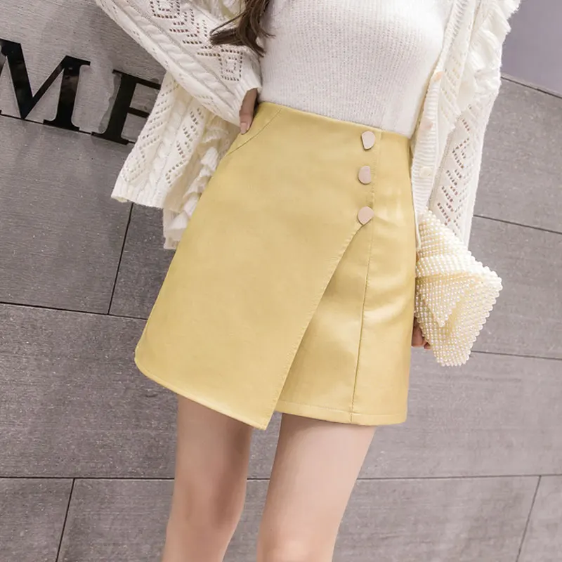 На осень-зиму кожаные юбки Женская мода сплошной цвет Нерегулярные облегающая короткая юбка женские Искусственная кожа юбка конфетного цвета