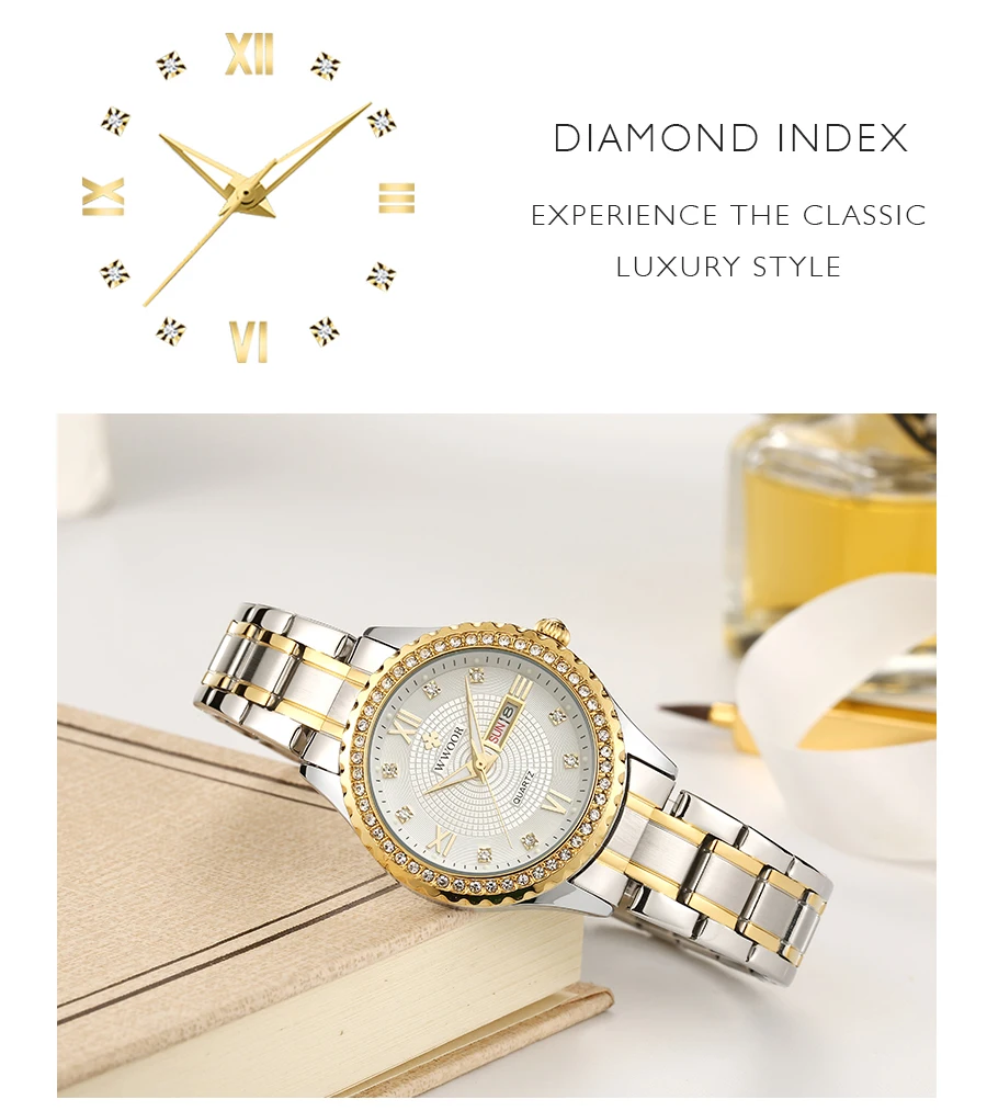 WWOOR New Gold Women Bracelet Watch Ladies Luxury Waterproof Full Steel Wrist Watch Women Dress Quartz Watch Relogio Feminion