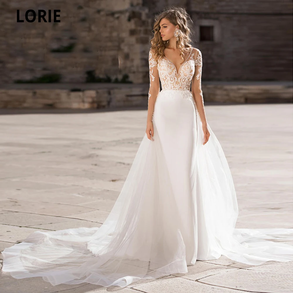 

LORIE Classic Mermaid Bridel Wedding Dresses with Long Sleeve Lace Appliques Soft Satin Boho Birdal Gown V-neck Beading Dress