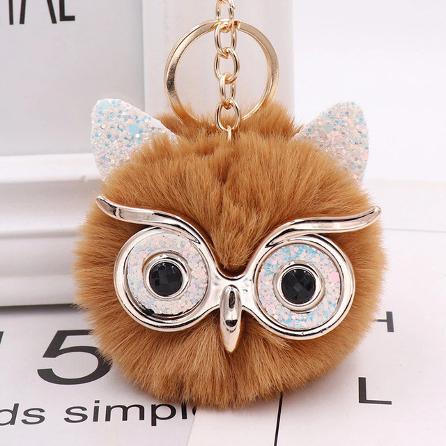 Cute Sequin Ears Owl Keychain Fluffy Artificial Rabbit Hairy Pom-pom Keychain Women's Shoulder Bag Owl Pendant Key Ring
