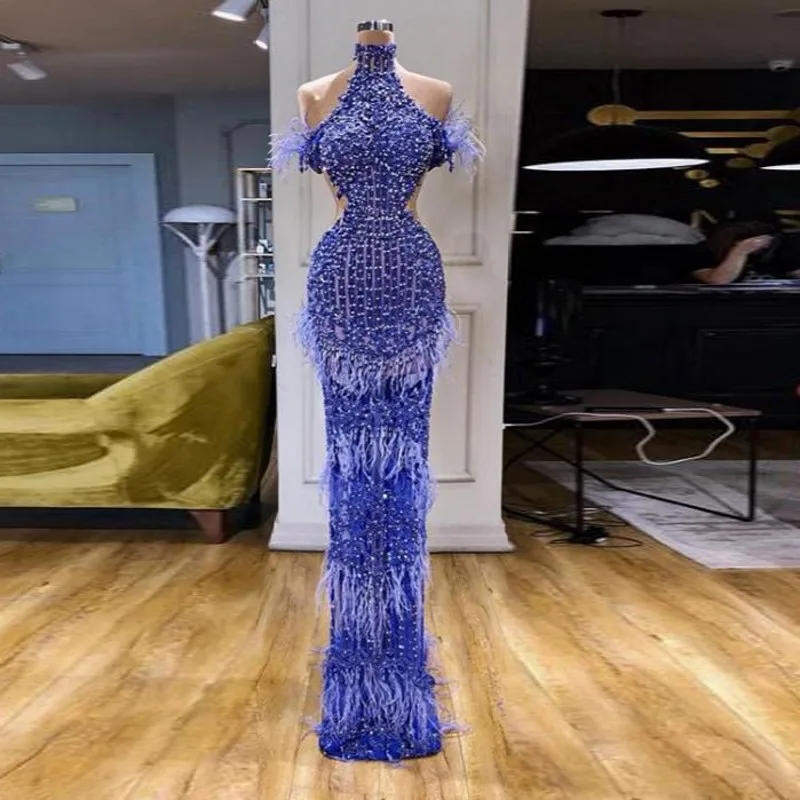 Дубай Кристаллы Пром платье Оболочка халат de mariee vestido de festa Королевский синий Длинные пышные платья бисер великолепные
