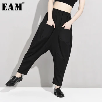

[EAM] High Elastic Waist Big Pocket Long Harem Trousers New Loose Fit Pants Women Fashion Tide Spring Autumn 2020 JH7120