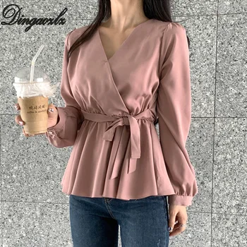 

Dingaozlz Korean Fashion Office lady Tops Elegant Solid color long sleeve Women shirt Ruffles Bow tie Chiffon blouse