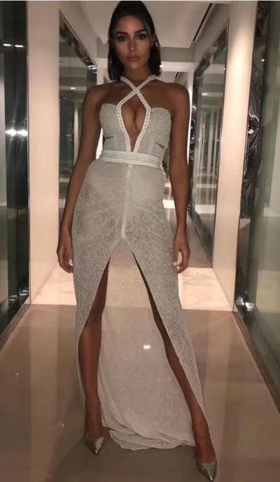 

2019 Women Sexy Fashion Transparent Open Fork Long Dress Lady Designer Night Club Party Maxi Dress Vestido