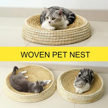 

Straw Felt Pet Bed Cat Supplies Small Medium Kennel Large Summer Cat's Nest Four Seasons Handmade Breathable Durable Straw