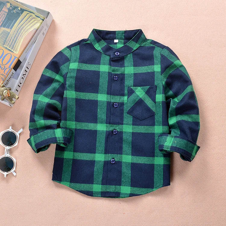 Spring And Autumn New Style Stand Collar Children Plaid Shirt Long Sleeve Pure Cotton Brushed Baby Casual Fashion Shirt