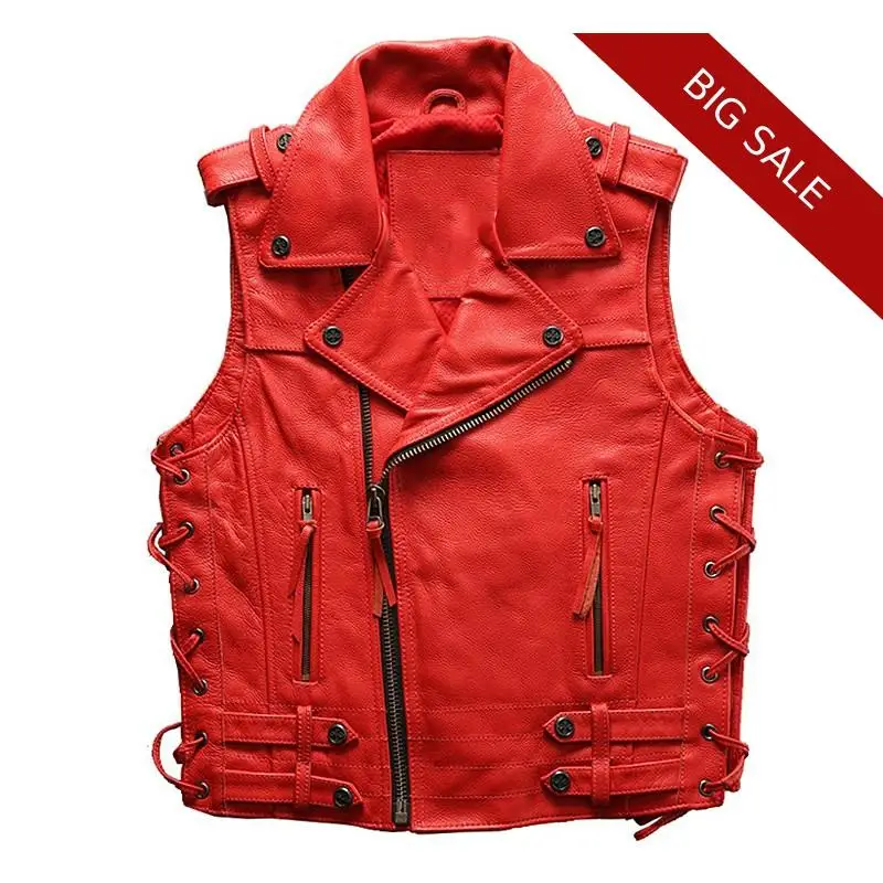 

2020 Red Men Short Motorcycle Leather Vest Plus Size XXXL Genuine Thick Cowhide Autumn Slim Fit Biker's Leather Vest