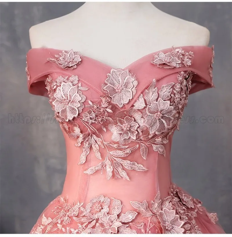 Robe De Soiree Pink Beauty Tea-Length Bridesmaid Dresses Flowers Off The Shoulder Even Dress For Party Wedding
