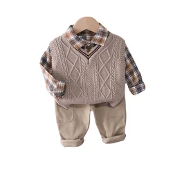 Fantasia infantil de algodão, roupa para bebês, camisa xadrez e calças de outono
