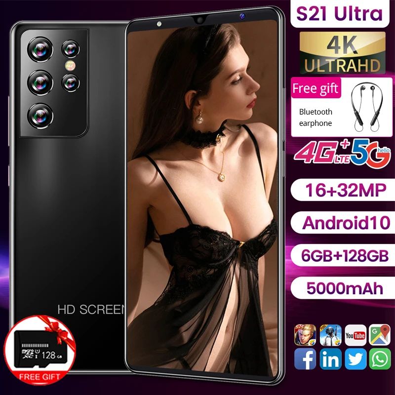 Global Version S21 Ultra 5.0 Inch Full Screen Smartphone Face Fingerprint Unlock 6GB+128GB Dual SIM 4G 5G Network | Мобильные