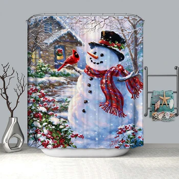 

Merry Christmas Shower Curtain Waterproof Polyester Printed Snowman Pattern Decoration For Home