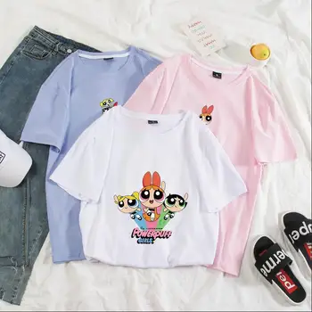 

2020 New Kawaii Tops Powerpuff T Shirt Girls Police Harajuku Streetwear Funny Cartoon Printed T-shirts Women's Fashion Clothing