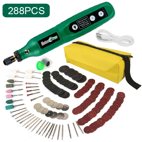 USB Mini Cordless Drill Pen Rechargeable Wireless Engraving Pen With LED Rotary Tool Dremel Electric Drill Grinding Accessories Green-288PCS