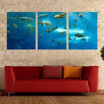 

Laeacco Canvas Calligraphy Painting 3 Panel Underwater World Shark Animal Posters and Prints Wall Art Home Living Room Decor