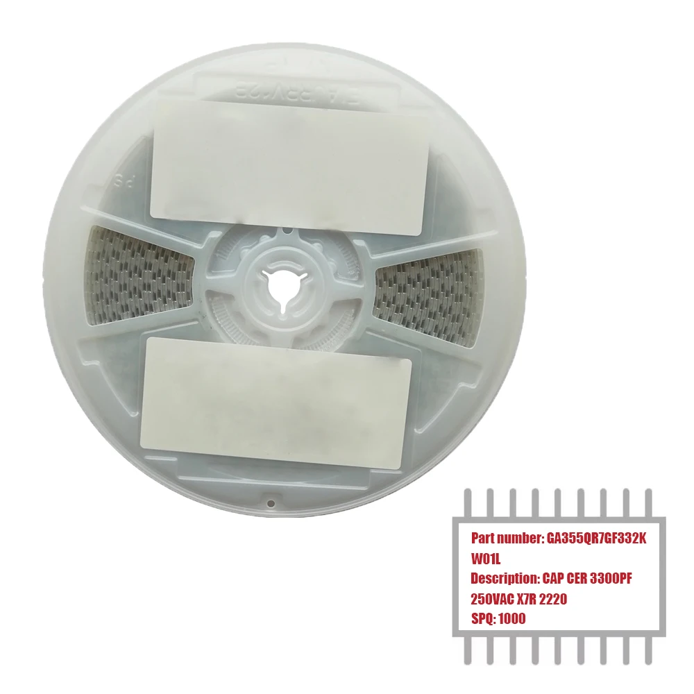 

MY GROUP ASIA 1000PCS GA355QR7GF332KW01L 2220 (5750 Metric) SMD X7R 3300 pF ±10% 250VAC MLCC Safety Ceramic Capacitor in Stock