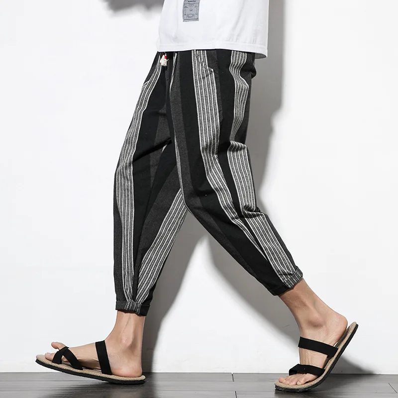 

Chinese-style Summer New Style Cotton Linen Men Capri Pants Stripes Large Size Beam Leg Slimming Casual Linen Pants Men's Trouse