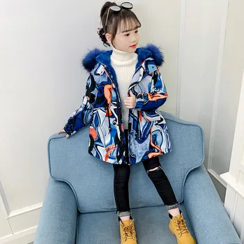 

2019 New Style Casual CHILDREN'S Cotton Wear Girls Winter Mid-length Cotton-padded Jacket Big Boy Graffiti Brushed And Thick Cot