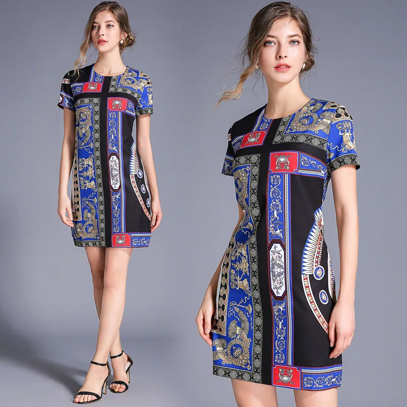 

Ozhouzhan 2019 Summer Fashion Star Celebrity Style Catwalks New Style Loose-Fit Printed Short-sleeve Dress