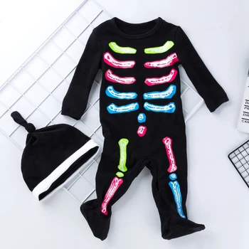 

Halloween Baby Cotton Clothing Long Sleeve Black Jumpsuit Baby Cartoon Skeleton Jumpsuit Hat Set, 12-18M