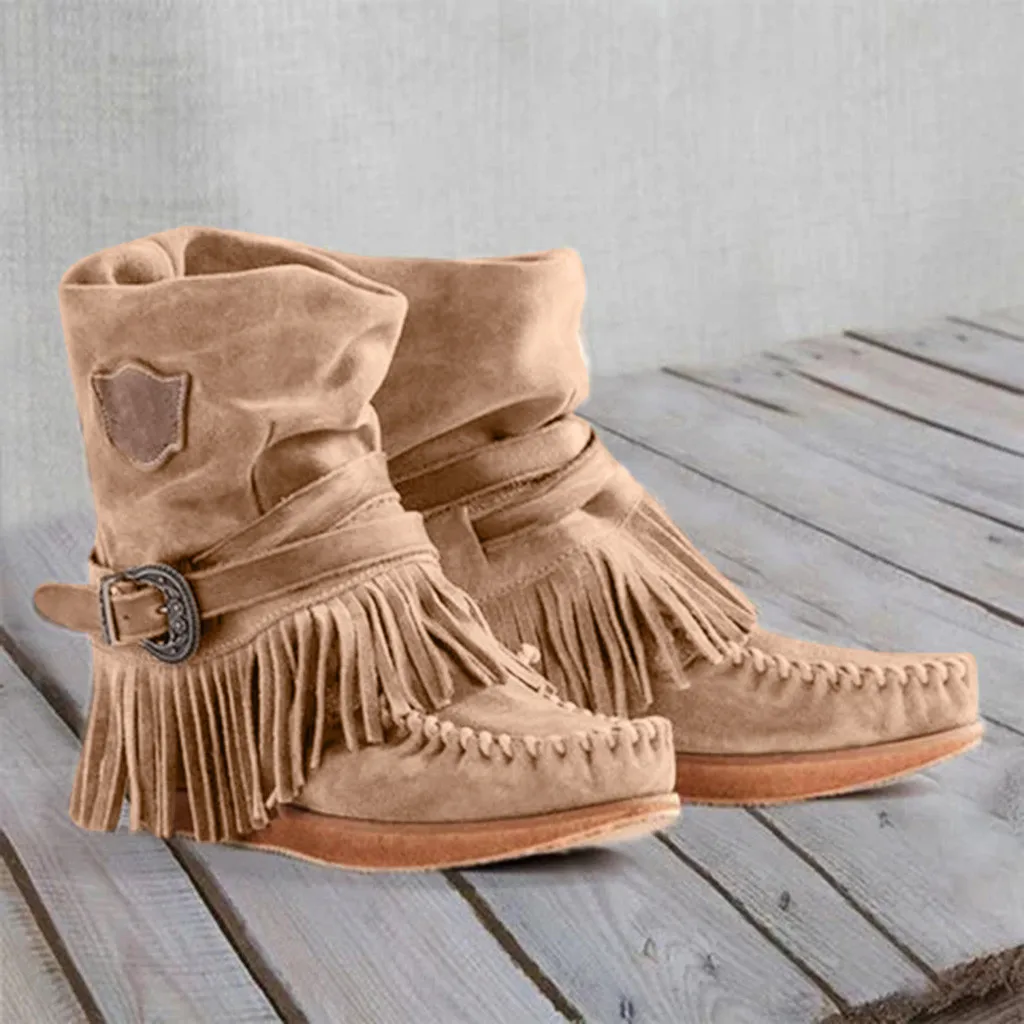 En oferta Botines étnicos de estilo romano para mujer, Botas cortas de ante con borlas, de tacón bajo, cómodas, con flecos plisados, para invierno p3K3ZwaGL