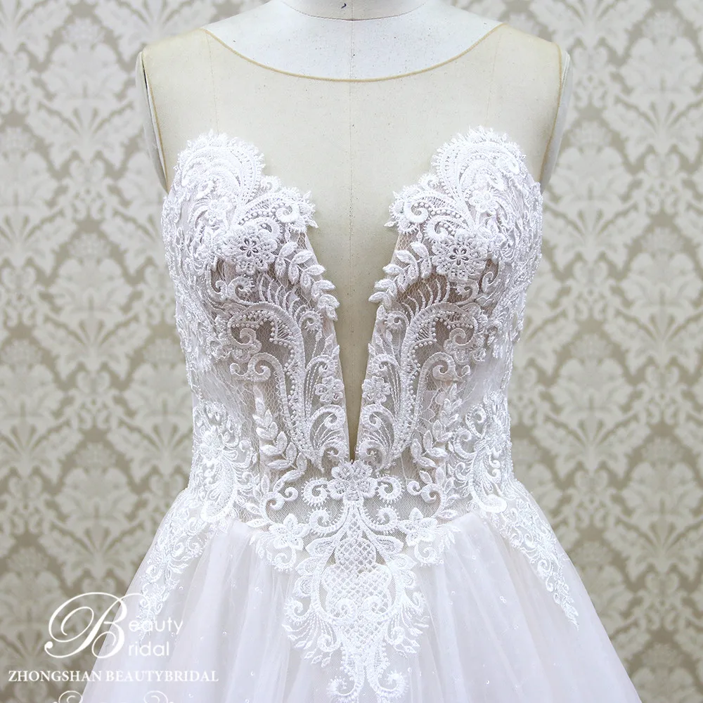 Beautybridal настоящие фотографии Роскошная свадебная одежда шлейф Кружева Аппликации с плеча свадебное платье Vestido JM001