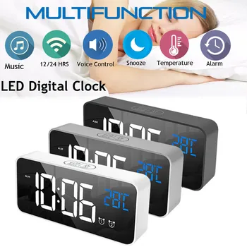 

145x65x32mm LED Mirror MusicDigital Alarm Clock Dual Snooze Clock USB ChargingTime Temperature Large Display Sleep Timer