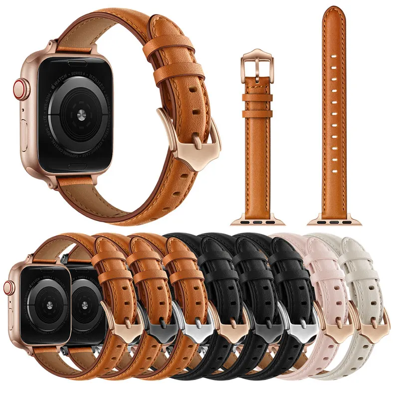 Bracelet en cuir véritable pour Apple watch, fin, 40mm, 44mm, 38mm, 42mm, série 6 5 4 3 SE, 14MM de largeur