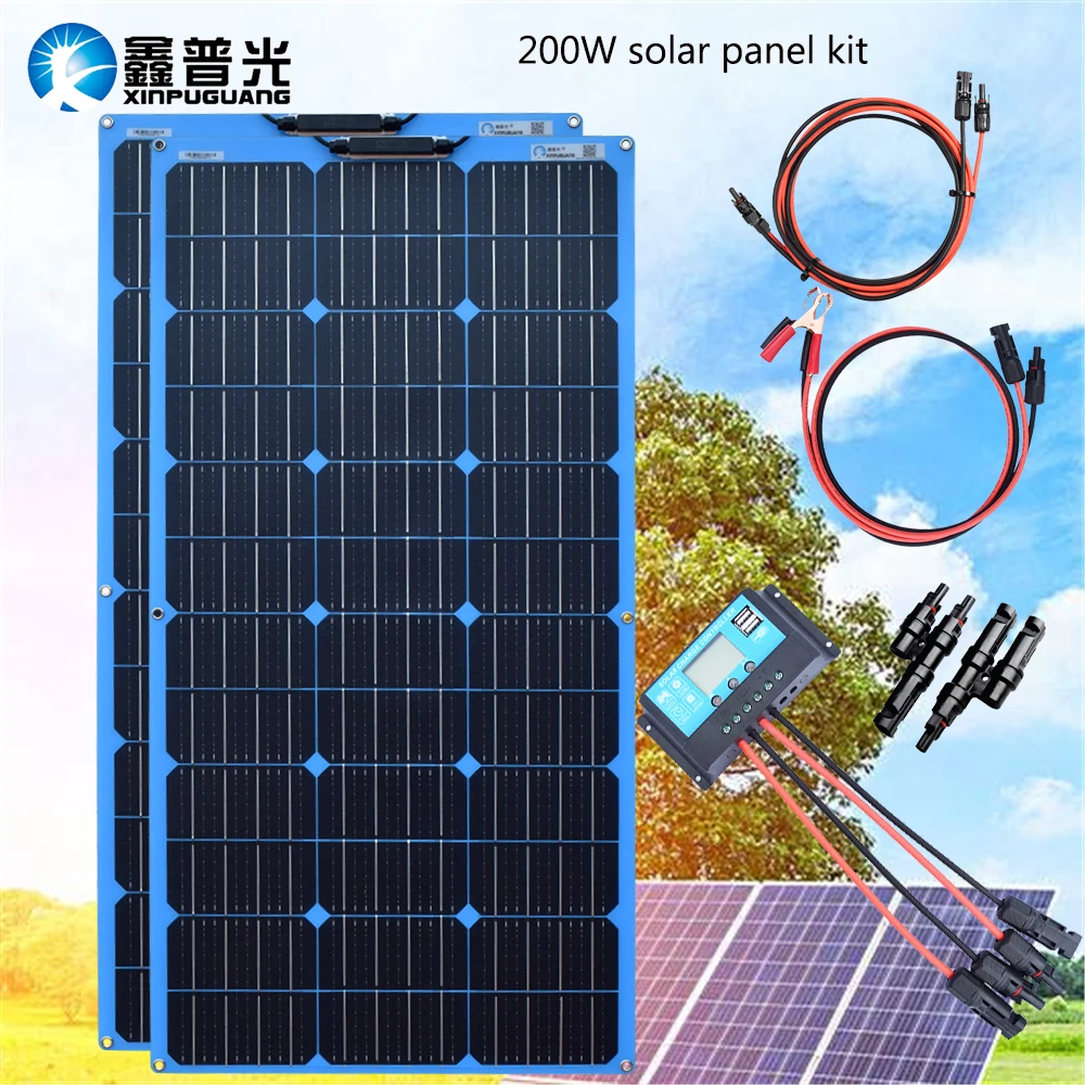 

XINPUGUANG 2pcs 100w Monocrystalline Flexible Solar Panel 200W 12V Solar System kit 24V Photovoltaic Module Cell 20A Controller