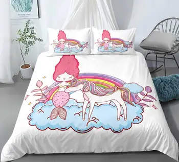 

Unicorn Mermaid Cloud Bedding Set Bedroom Decor Doona White Background Kids Gift Hypoallergenic 1PC Duvet Cover with Pillowcase
