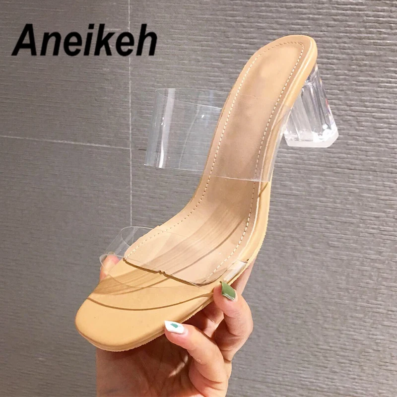 Apricot Aneikeh; Летние прозрачные женские босоножки из ПВХ; туфли на высоком каблуке с открытым носком и кристаллами; женские босоножки-лодочки из плексигласа на шпильке с петлей на пятке - Цвет: Apricot