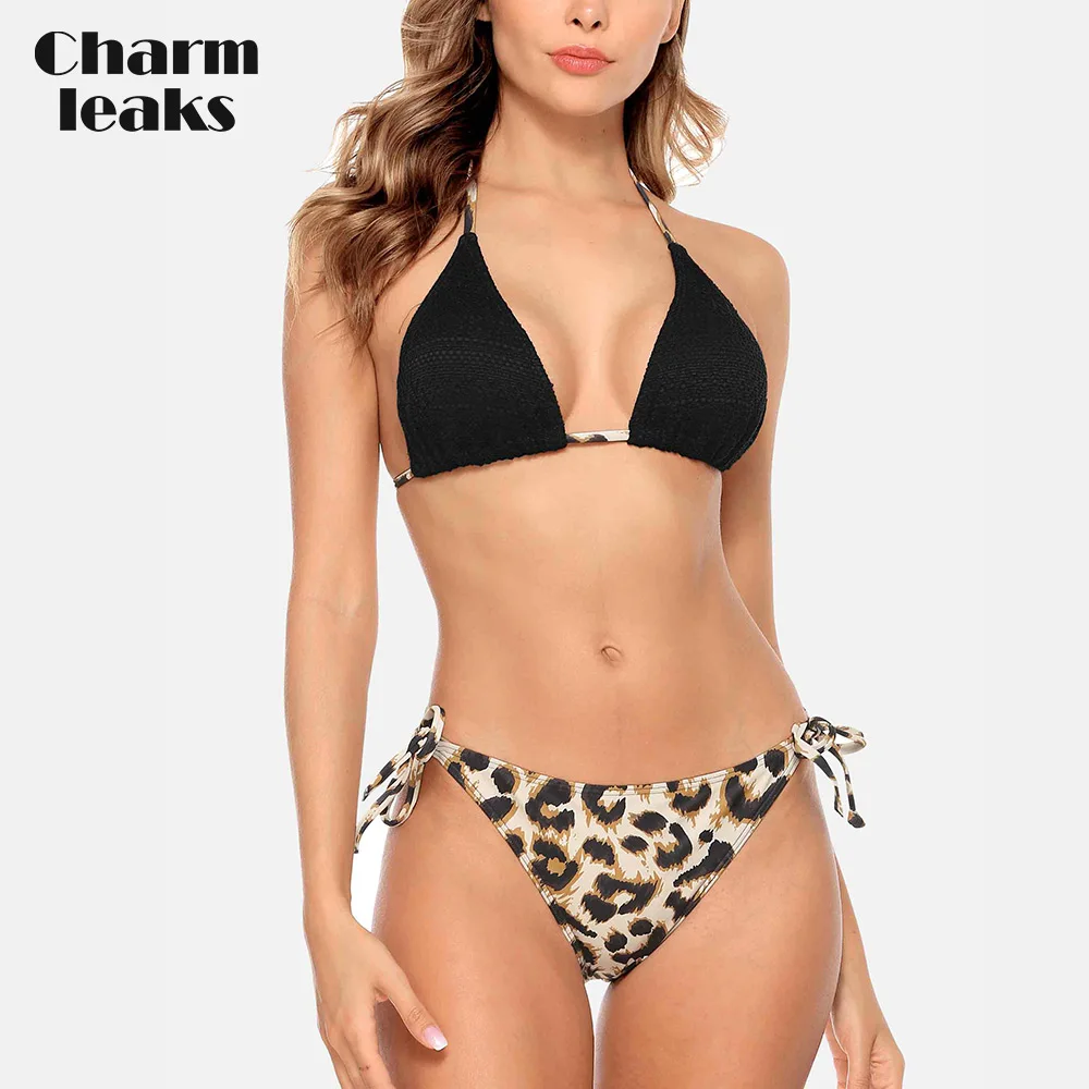 

Charmleaks Women Bikini Set Leopard Print Swimsuit Halter Swimwear Strappy Side Bandaged Sexy Bathing Suit Push Up Beachwear