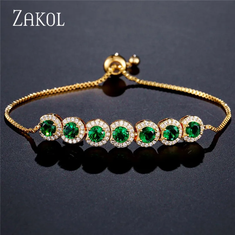 Gold Color ZAKOL Модный женский теннисный браслет с кубическим цирконием, круглые регулируемые браслеты с кристаллами, хороший браслет, подарок, вечерние ювелирные изделия FSBP2062 - Окраска металла: Gold Color
