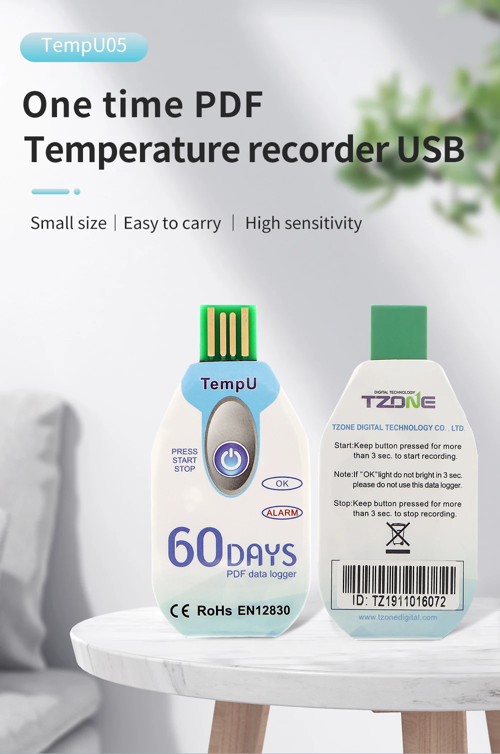 Temperature Data Logger Single Use PDF Report USB Port 10000 Points High Recording Capacity 