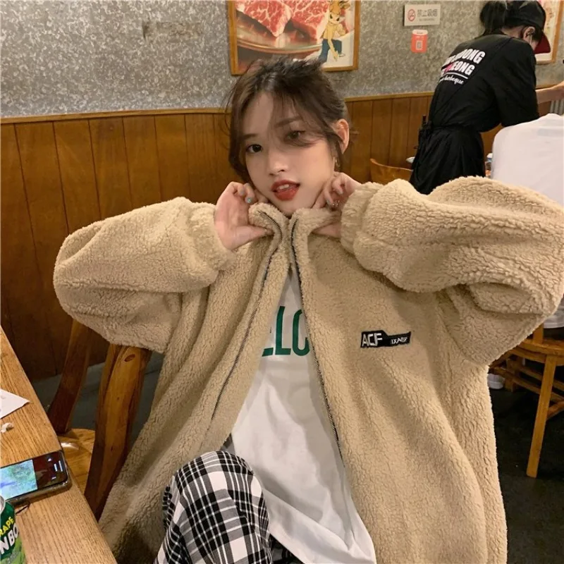 

Women Lambswool Velvet Cotton Jacket Fashion Clothes 2021 Winter Thick Warm Couple Top Shirt Youth Stand-up Collar Sweatshirt