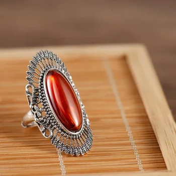 

S925 Fine Sterling Silver Ring For Women Red Garnet Hollow Pattern Size US 5-9 Adjustable Big Ring
