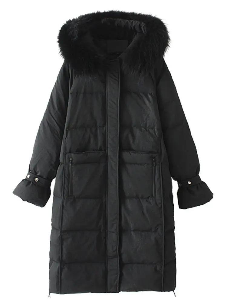 Fitaylor зимний белый утиный пуховик длинное пуховое пальто женские парки большой меховой воротник с капюшоном пальто - Цвет: Черный