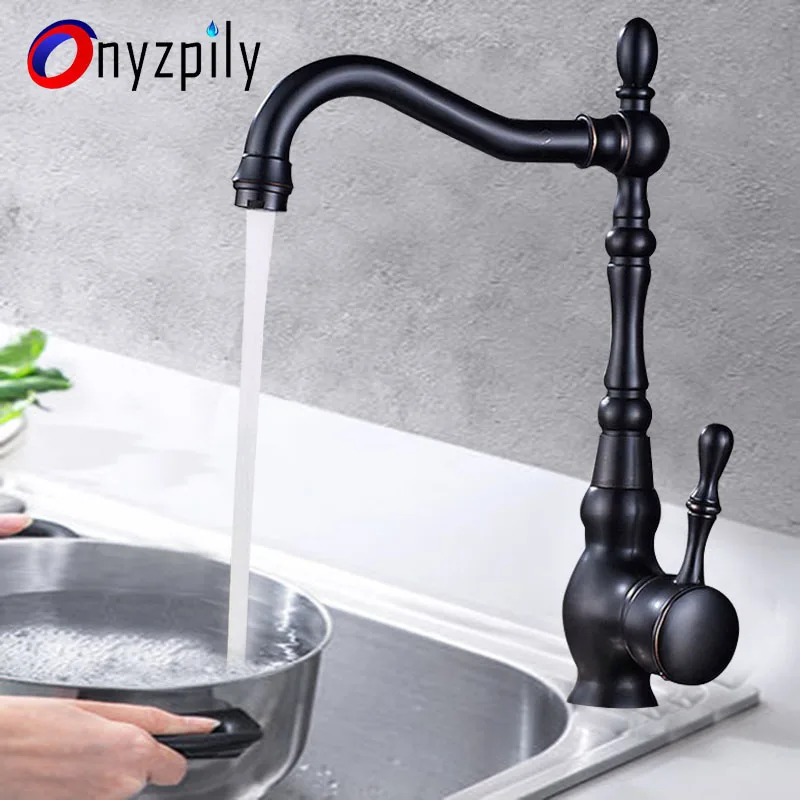 Onyzpily-grifos para fregadero de cocina de bronce negro, rotación de 360, grifo mezclador de una sola manija