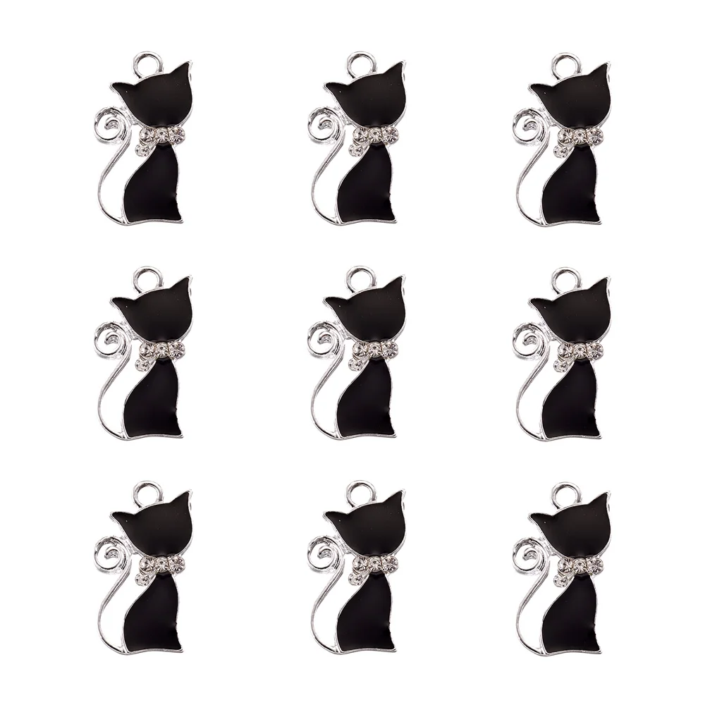 

10pcs Enamel Charms Alloy Cat Shape with Rhinestones For DIY Necklace Pendant Bracelet Earrings Jewelry Making Accessories