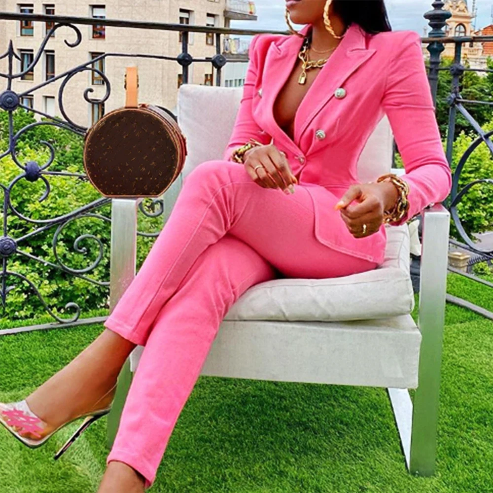 Autumn Solid Office Blazer Suits Women Business Classic Double-breasted Blazer Jacket & Pant Sets Two Piece Fashion Formal Suit