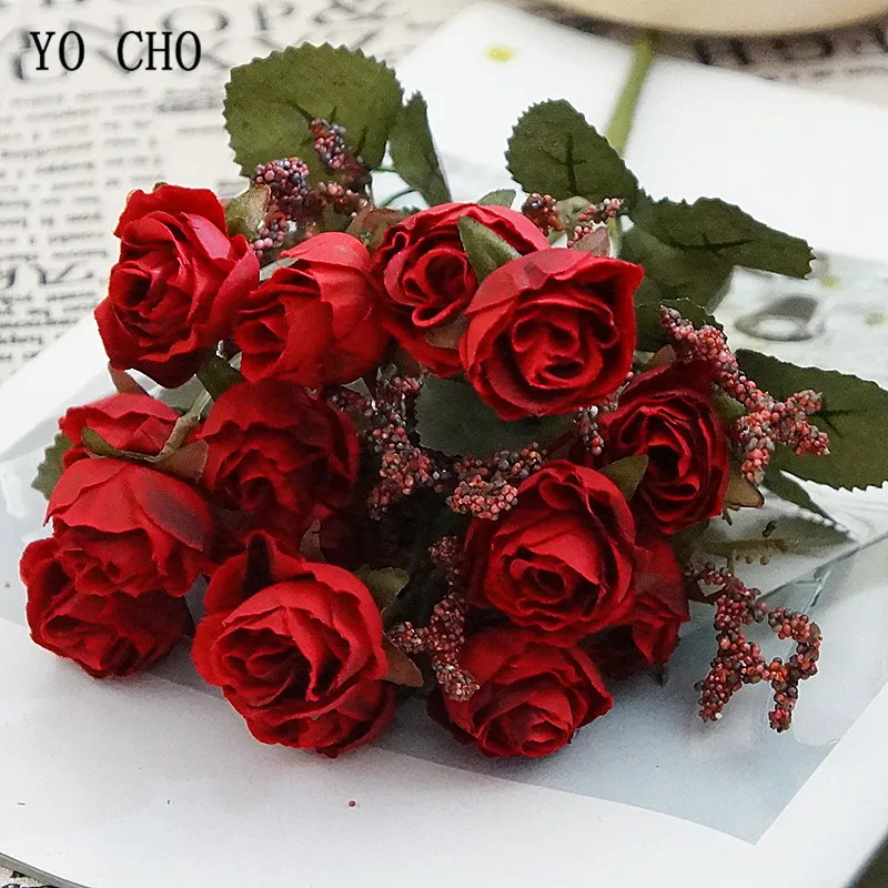 

1 Bunch Small Artificial Rose Flowers 15 Heads Flannel DIY Fake Floral for Wedding Wall Table Door Party Home Decor Fabric Flore