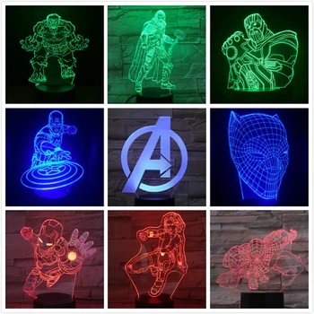 

3D Kids Night Lamp Marvel The Avengers Superhero Captain America Hulk Black Panther Ironman Spider man LED Night Light for Child