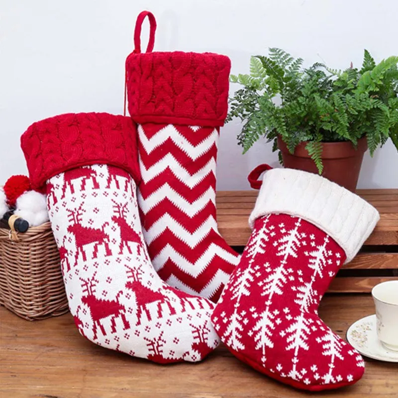 1 Pcs Christmas Stockings Gift Bag Knitted Wool Socks Christmas Tree Ornaments New Year Kids Gift Xmas Candy Apple Large Bags