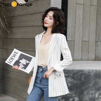 

Double Breasted Striped Long Blazer Autumn 2020 Winter Fashion Tops Temperament Coat Casual Jacket Plus Size Outwear