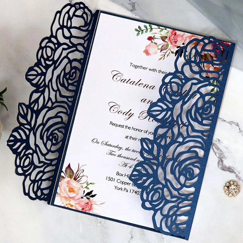 1pcs Gold Blue White Glitter Paper Laser Cut Wedding Invitation Card Personalized Wedding Decor Party Supplies - Цвет: BL