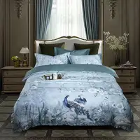 Literie 100% coton égyptien, taille américaine, reine, king size, 4 pièces, oiseaux et fleurs, cuir chevelu, gris, shabby athlon, drap de lit, taies d'oreiller 2