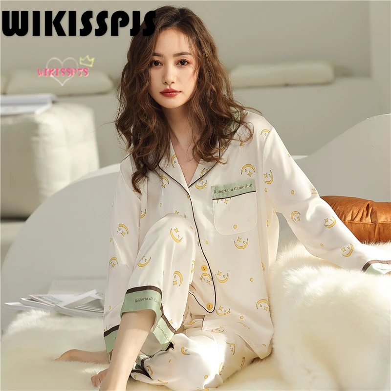 

WIKISSPJS Summer Silk Ice Silk Long Sleeve Housewear Two Piece Set Summer Bedroom Set Sleep Tops Sleepwear Loungewear